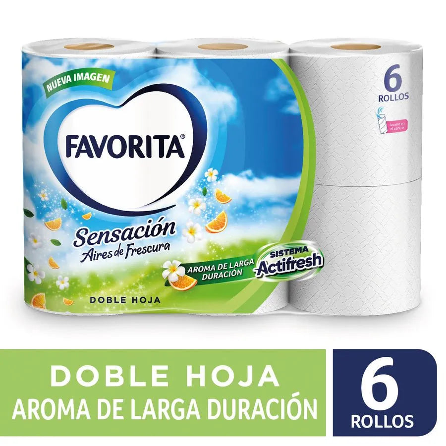 Papel Higiénico Favorita, Doble Hoja - Sensación Larga Duración, 22 mts - 6 unidades
