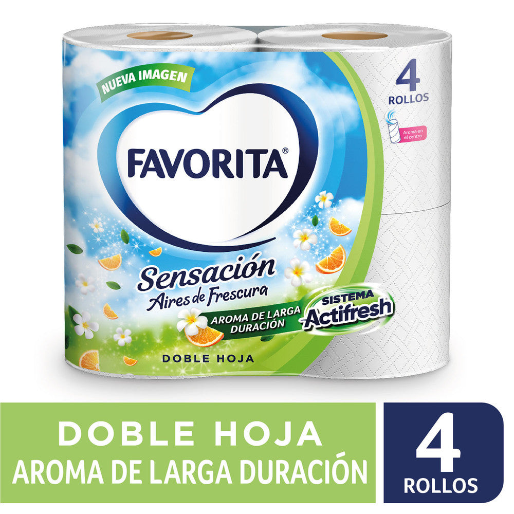 Papel Higiénico Favorita, Doble Hoja - Sensación, 22 mts - 4 unidades