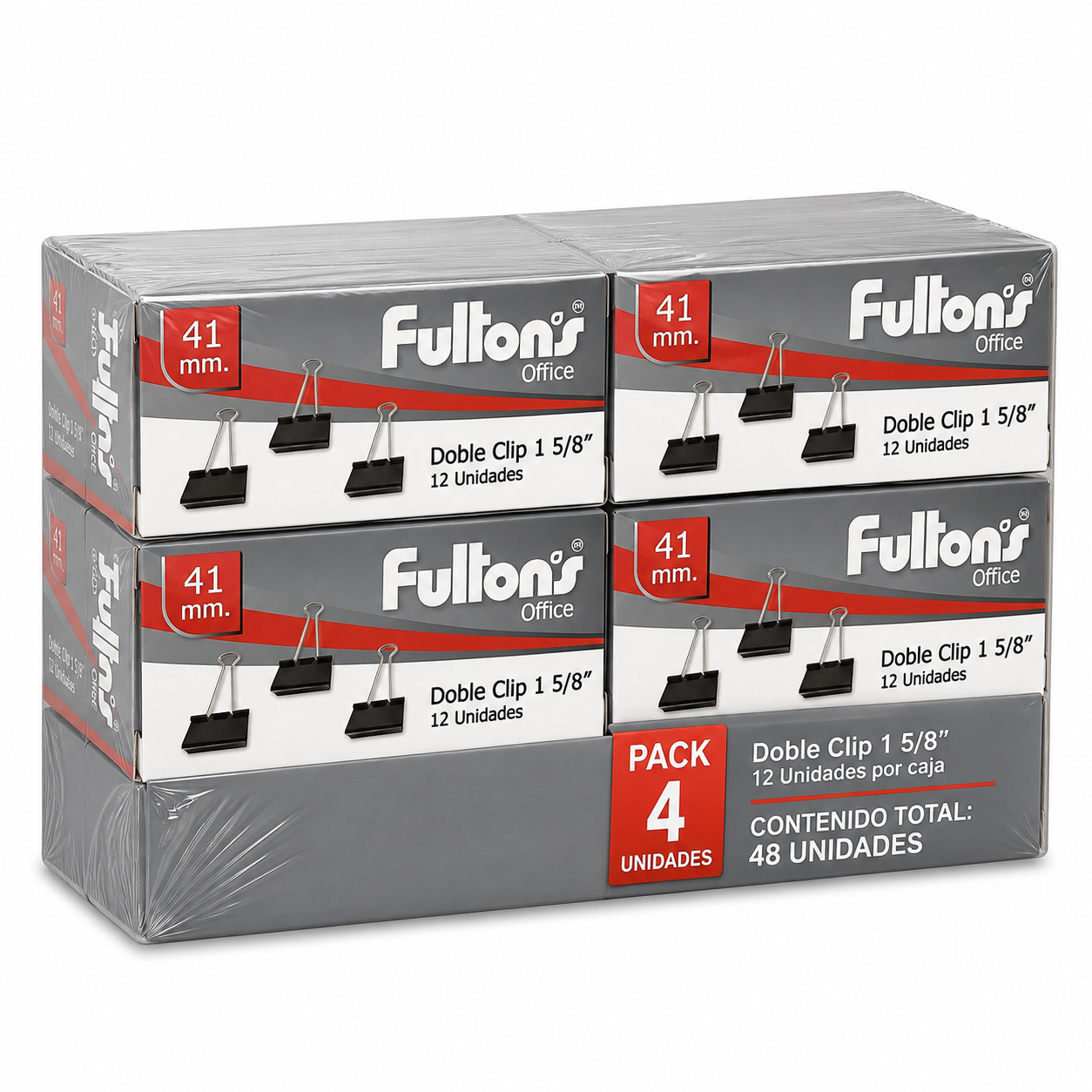 Clip Doble 41mm Metálico Pack 4x12un Fultons