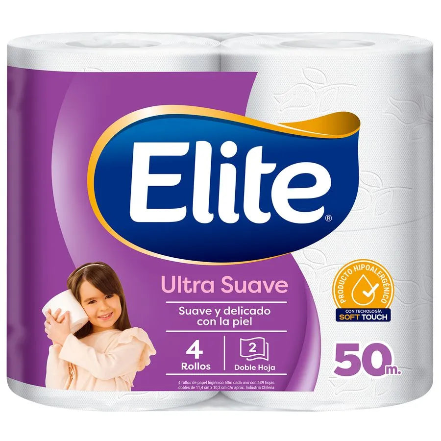 Papel Higiénico Elite, Doble Hoja Ultra Suave, 50 mts - 4 rollos