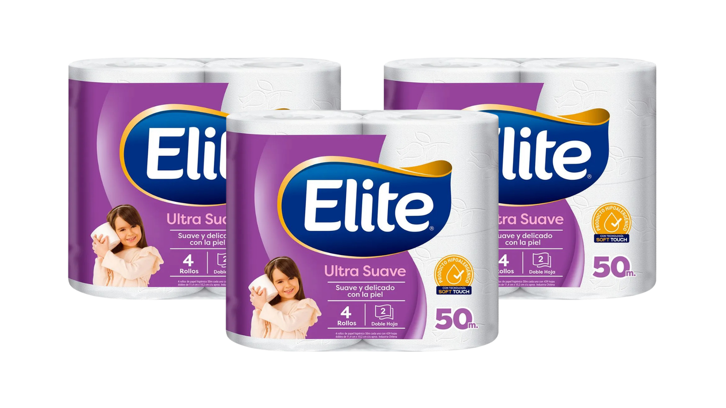 Papel Higiénico Elite, Doble Hoja Ultra Suave, 50 mts - 12 rollos