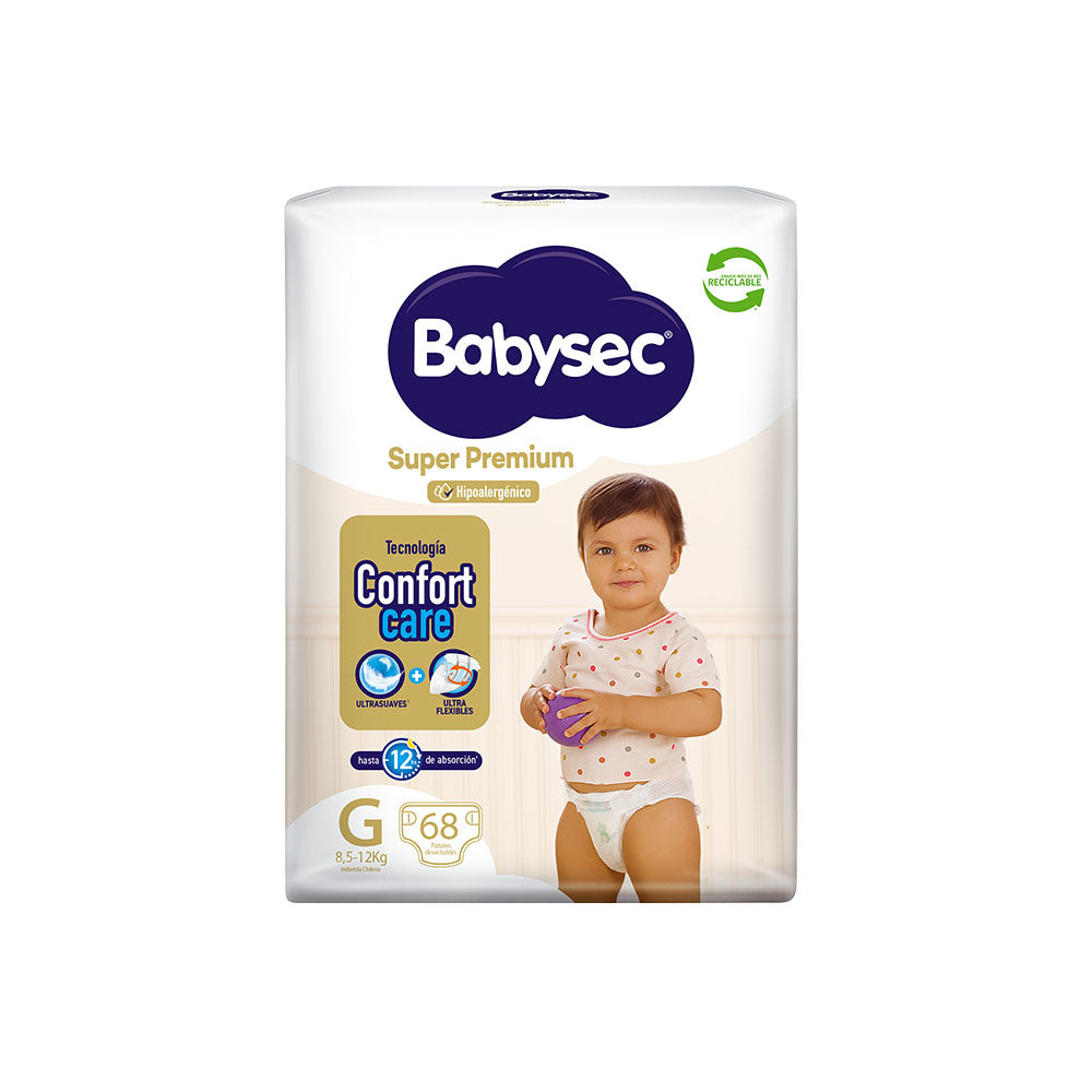 Pañal Niño Babysec, Super Premium, Talla G - 68 unidades